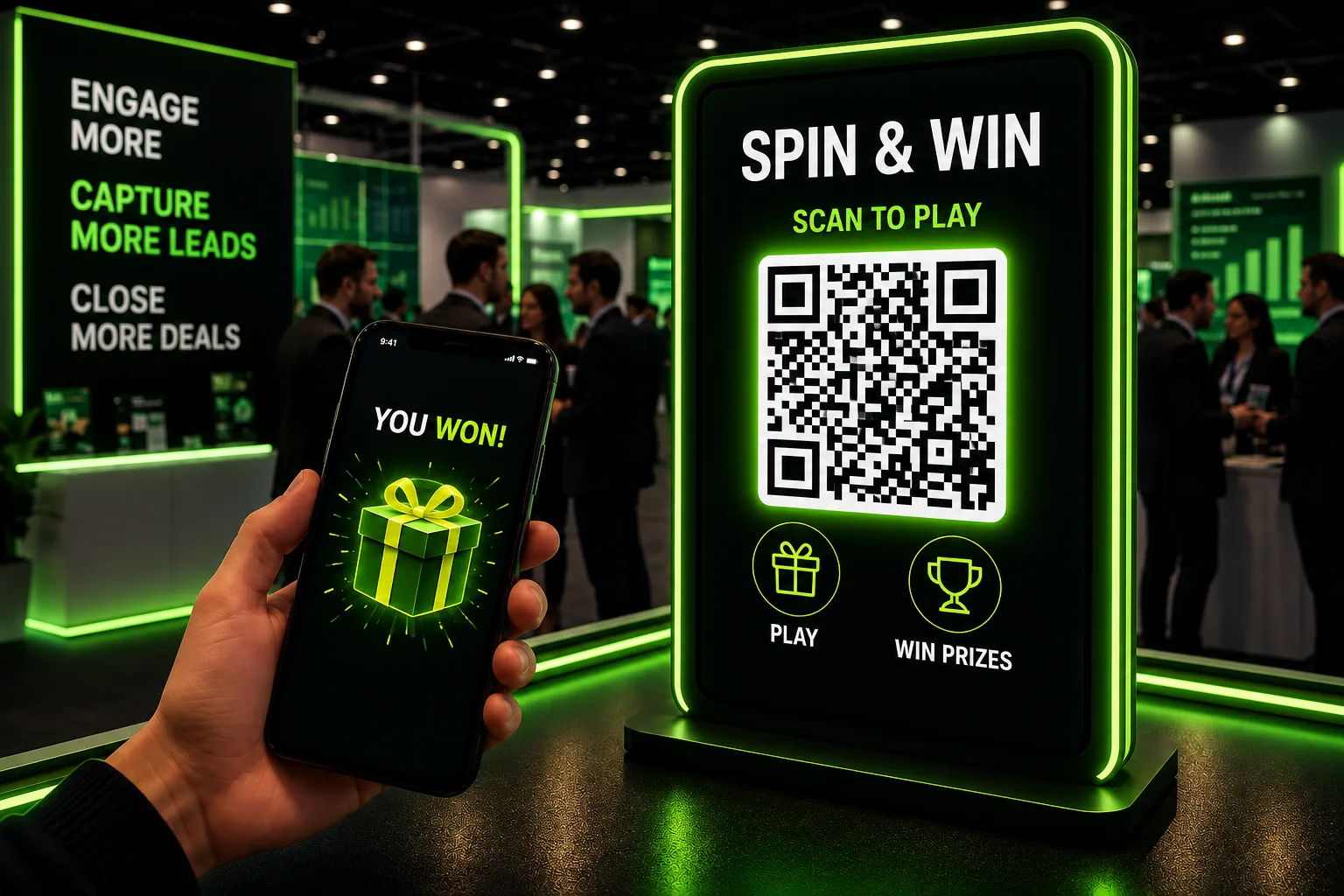 Trade show booth with QR code spin and win game on a screen, visitor holding phone showing 'You Won!'